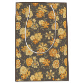 黄色エレガント褐色の植物模様の贈り物 ミディアムペーパーバッグ (正面)