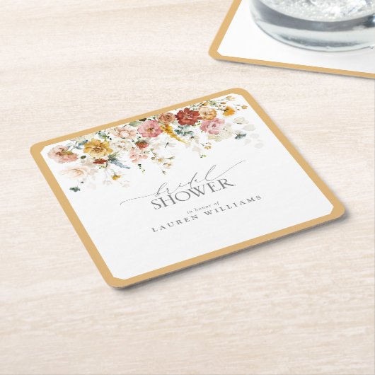 黄色エレガント野草水彩ブライダルシャワー スクエアペーパーコースター (アングル)