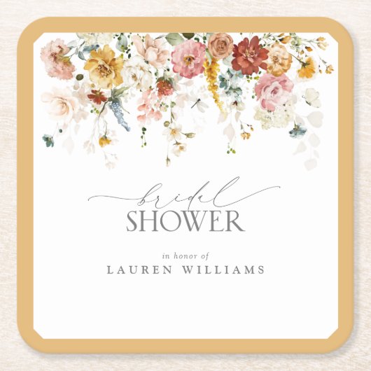 黄色エレガント野草水彩ブライダルシャワー スクエアペーパーコースター (正面)