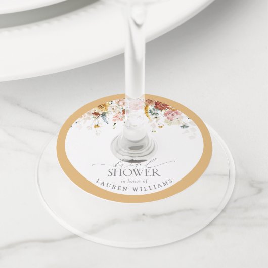 黄色エレガント野草水彩ブライダルシャワー ワイングラスタグ (クローズアップ)