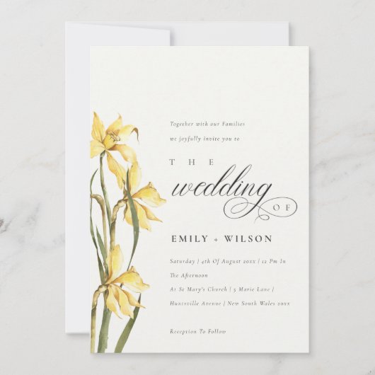 黄色エレガントDaffodil水彩結婚式の招待 サンキューカード (正面)