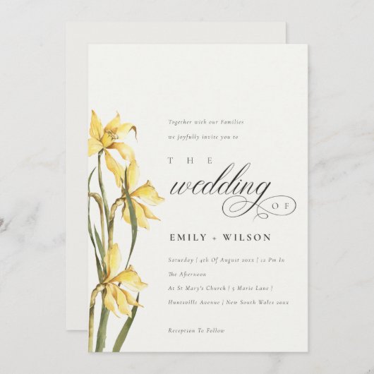 黄色エレガントDaffodil水彩結婚式の招待 サンキューカード (正面/裏面)