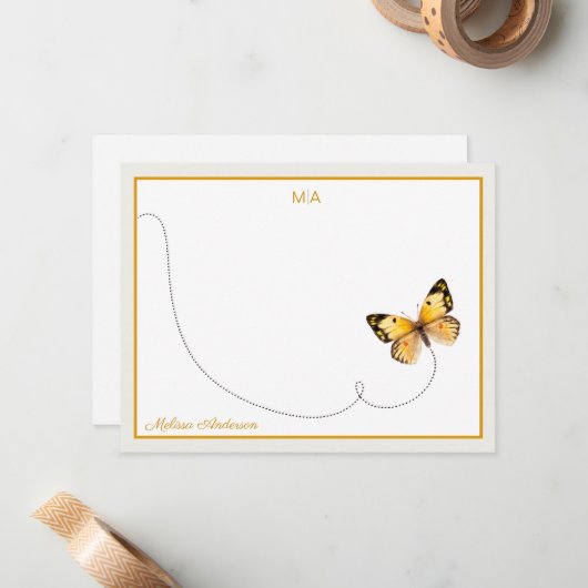 黄色オレンジのドットバタフライフライトモノグラムと名前 ノートカード (正面/裏面インサイチュ)