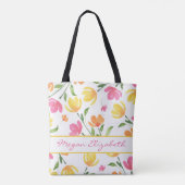 黄色オレンジピンク水色フローラ茎パターン トートバッグ (裏面)