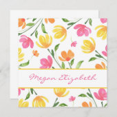 黄色オレンジピンク水色フローラ茎パターン ノートカード (正面/裏面)