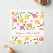 黄色オレンジピンク水色フローラ茎パターン ノートカード (正面/裏面インサイチュ)