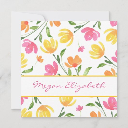 黄色オレンジピンク水色フローラ茎パターン ノートカード (正面)