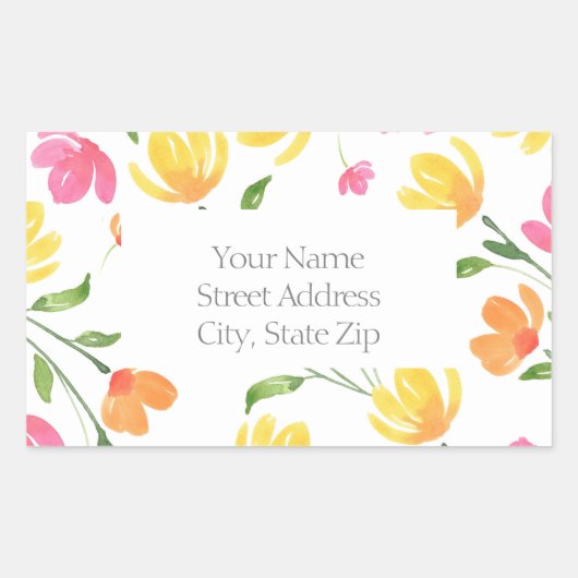 黄色オレンジピンク水色フローラ茎パターン 長方形シール (正面)