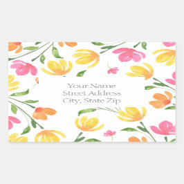 黄色オレンジピンク水色フローラ茎パターン 長方形シール