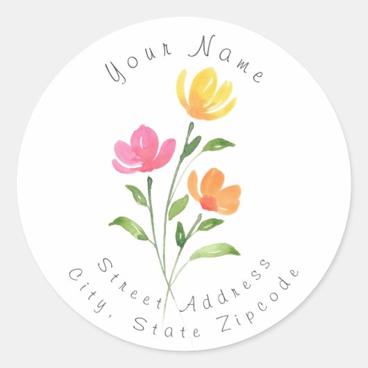 黄色オレンジピンク水色フローラ茎ラベル ラウンドシール (正面)
