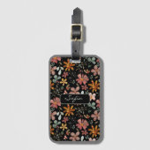 黄色オレンジ色の花柄ブラックラゲッジタグ ラゲッジタグ (正面縦)