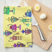 黄色カラフルい背景のかわいいロボット キッチンタオル (四つ折り)