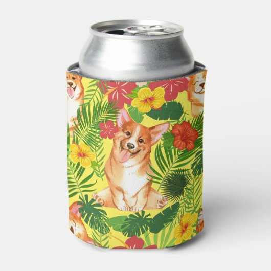 黄色カラフルの可愛いコギの子犬パターン 缶クーラー (缶正面)