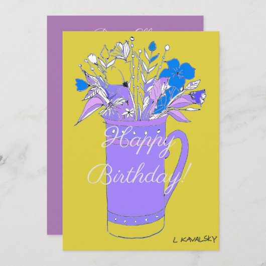 黄色カラフルハッピーバースデーの花をマグカップに シーズンカード (正面/裏面)