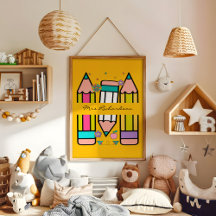 黄色カラフル先生漫画鉛筆ポスター