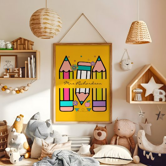 黄色カラフル先生漫画鉛筆ポスター ポスター