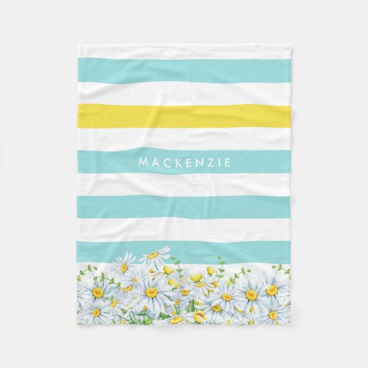 黄色ガーリーのストライプデイジーと名前のアクア フリースブランケット (正面)