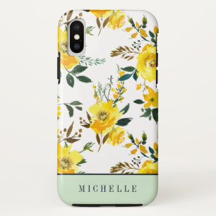 黄色ガーリーの花と緑のモノグラム iPhone XSケース
