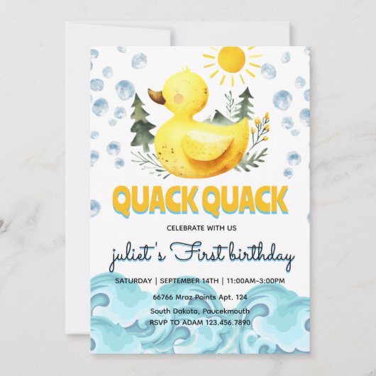 黄色クール第1のゴム鴨の誕生日招待状 招待状 (正面)