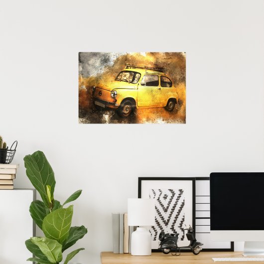 黄色グランジヴィンテージカー自動車ウォールアート ポスター (ホームオフィス)