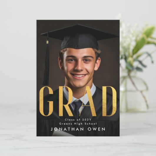 黄色コンテンポラリーはっきりした金フォイルGRAD写真 案内状 (スタンド正面)