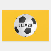 黄色サッカーボール子供の名前クリスマス ラッピングペーパーシート (正面)