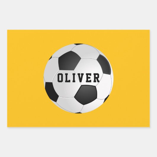 黄色サッカーボール子供の名前クリスマス ラッピングペーパーシート (正面)