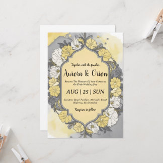 黄色シンプルと灰色の結婚式招待状 招待状