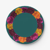 黄色スタイリッシュのホットピンク色の緑のフローラ結婚 ペーパープレート (正面)