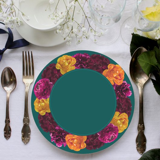 黄色スタイリッシュのホットピンク色の緑のフローラ結婚 ペーパープレート