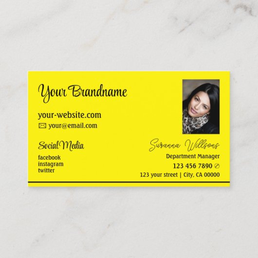 黄色スタイリッシュの黒ストライプ色のロゴと写真 名刺 (裏面)