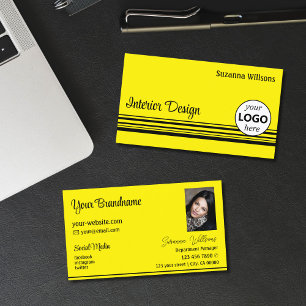 黄色スタイリッシュの黒ストライプ色のロゴと写真 名刺