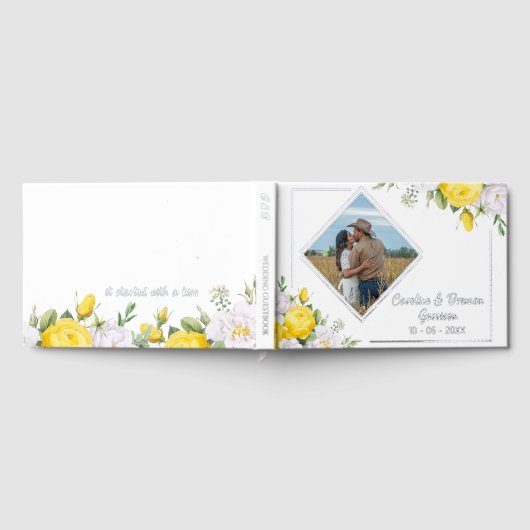 黄色スタイリッシュユニークホワイトローズフローラ金ゴールド ゲストブック (全面)