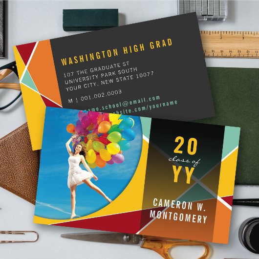 黄色スタイリッシュ幾何学線モダン写真卒業 コーリングカード