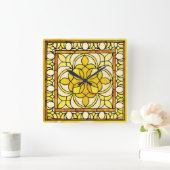 黄色ステンドグラス スクエア壁時計 (ホーム)