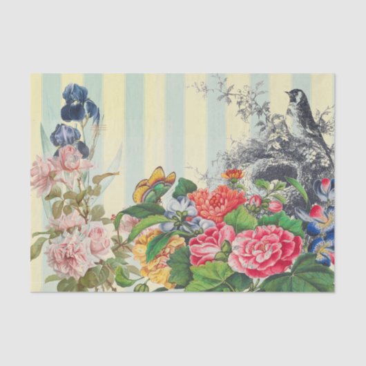 黄色ストライプい花と鳥のティッシュペーパー 薄葉紙 (正面)