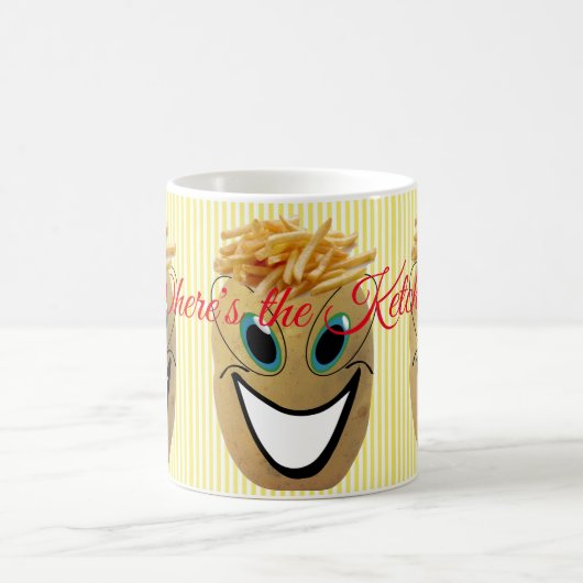 黄色ストライプのポテトフランスのフライのケチャップ?マグ コーヒーマグカップ (中央)