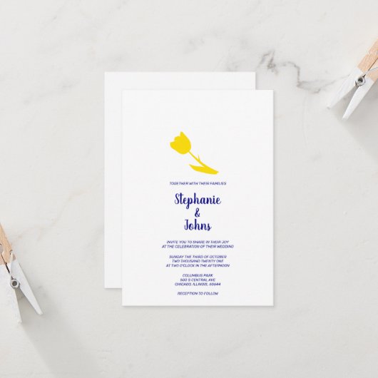 黄色チューリップフローラネービーブルーホワかわいらしイト結婚ズ 招待状 (正面/裏面インサイチュ)