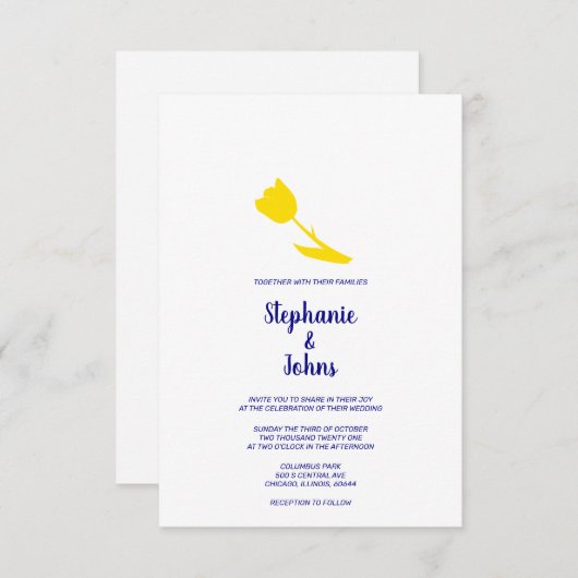 黄色チューリップフローラネービーブルーホワかわいらしイト結婚ズ 招待状 (正面/裏面)