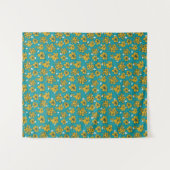 黄色ティール（緑がかった色）花模様 タペストリー (正面(横))