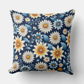 黄色デイジーと青い花柄 クッション (正面)