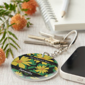 黄色デイジーの緑の葉花 キーホルダー (正面右)