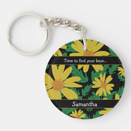黄色デイジーの緑の葉花 キーホルダー (正面)