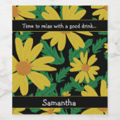 黄色デイジーの緑の葉花 ワインラベル (シングルラベル)