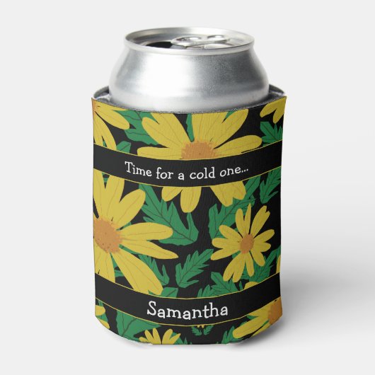 黄色デイジーの緑の葉花 缶クーラー (缶正面)