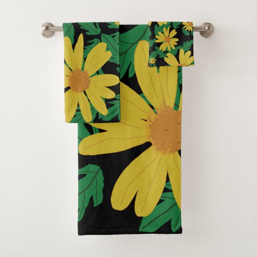 黄色デイジーの花と緑葉のバスタオル バスタオルセット (インサイチュ)