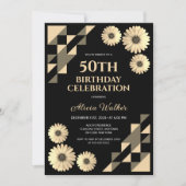 黄色デイジー三角形ジオメトリブラック誕生日 招待状 (正面)