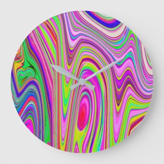 黄色トリップ(幻覚体験)のようなとピンクの抽象芸術グルーヴィレトロアート ラージ壁時計 (正面)