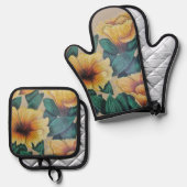 黄色ハイビスカスオーブンミットセット 鍋つかみ&鍋敷きセット (正面/裏面)