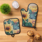 黄色ハイビスカスオーブンミットセット 鍋つかみ&鍋敷きセット (トップダウン)